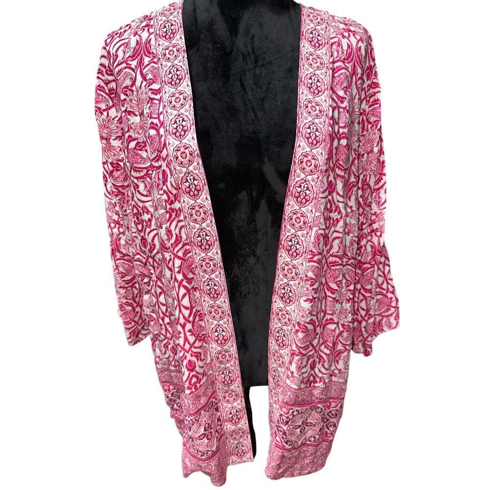 Susan Graver Women’s Top Kimono Open Front Pink White Lightweight Flowy Beach Lg